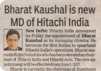 Times of India covers the appointment of Hitachi India's new MD 